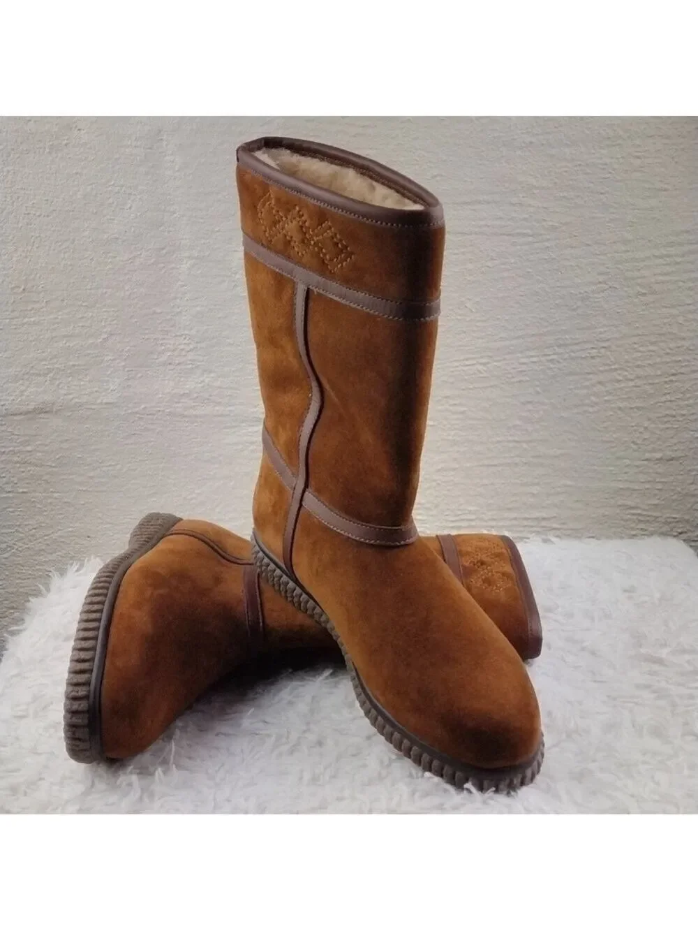 Bass Brown Suede Leather Faux Fur Almond Toe Pull On Mid Calf Waterproof Boot